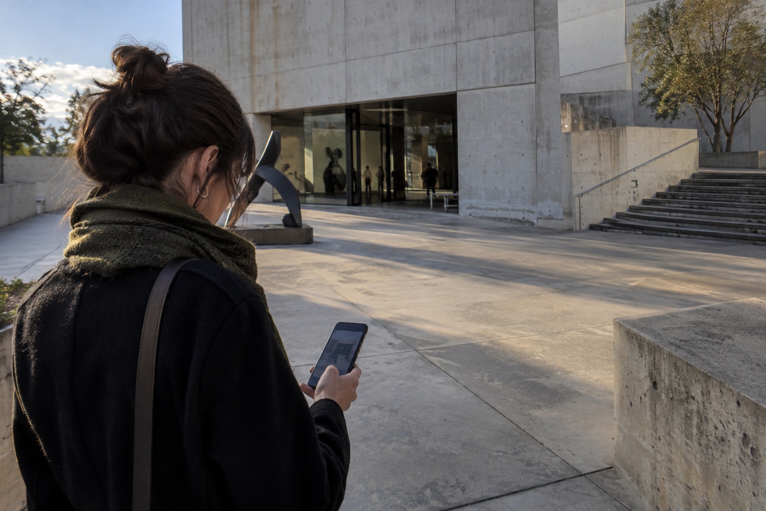 Before leaving a place, review and group the photographs from that stop. AI-generated illustrative scene, not an App screenshot.