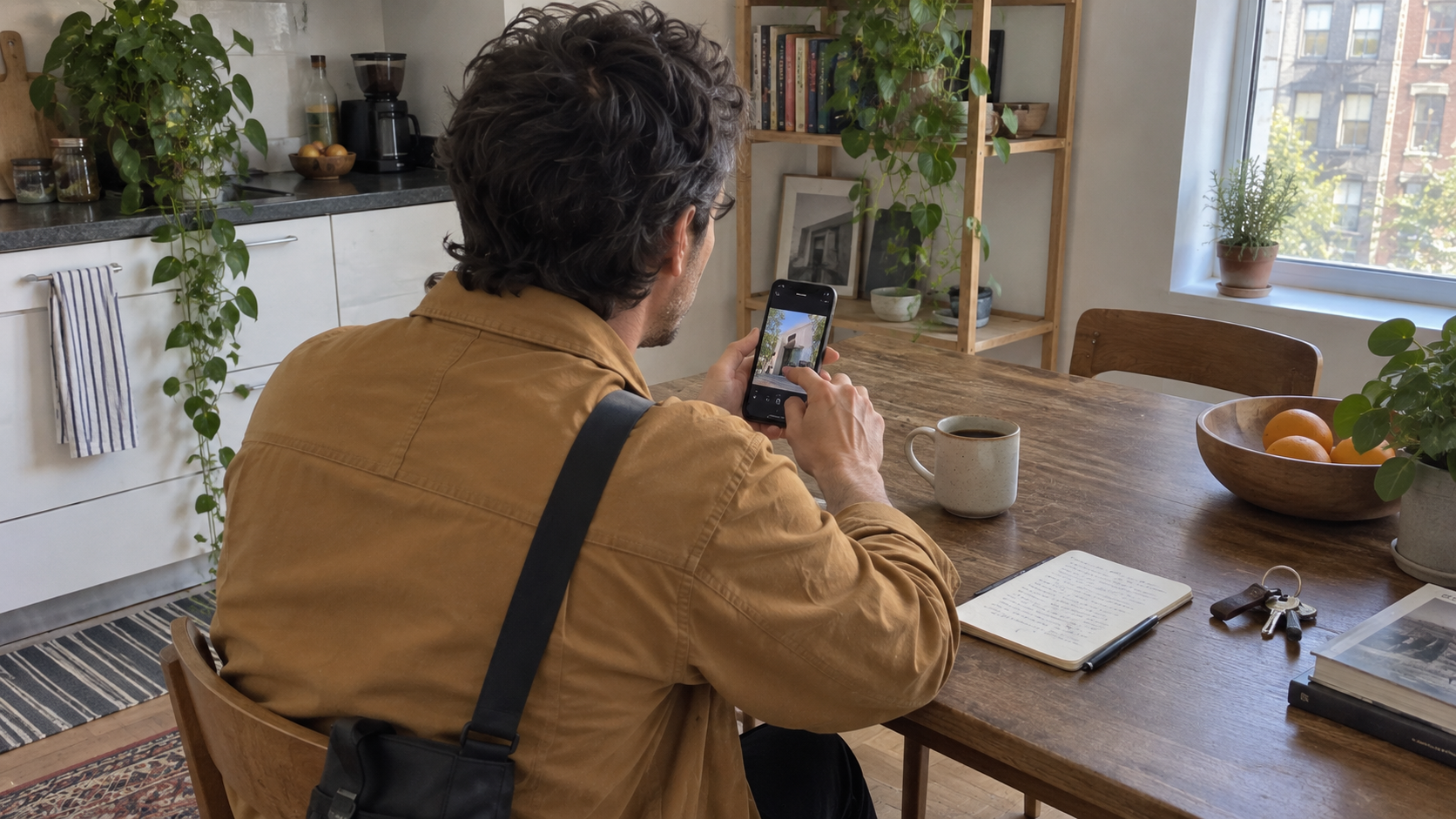 AI-generated photo scene · Frank reviewing and adjusting a photo at home. Not an app screenshot.