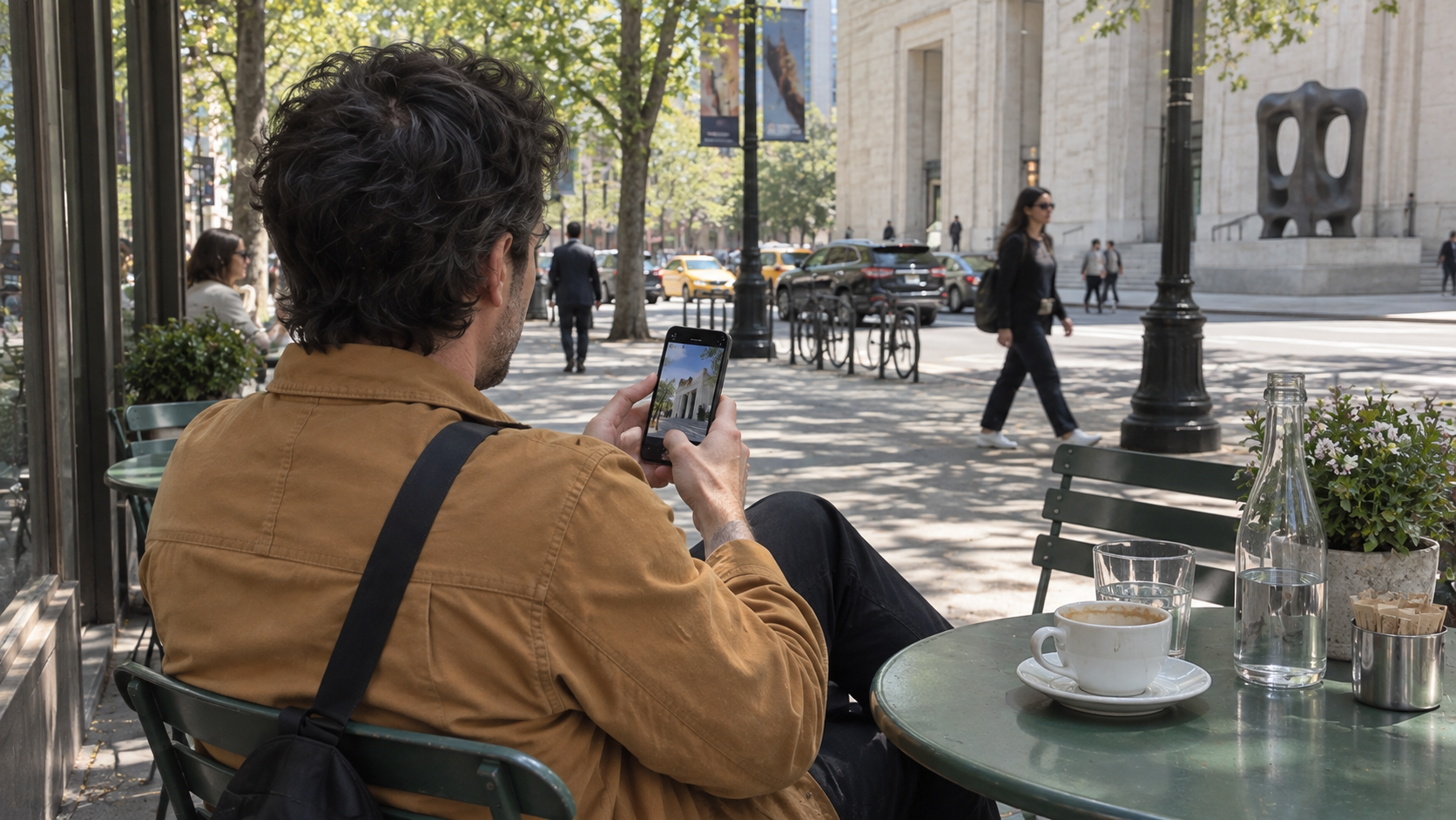 AI-generated photo scene · Frank checking a finished photo before sharing it himself. Not an app screenshot.