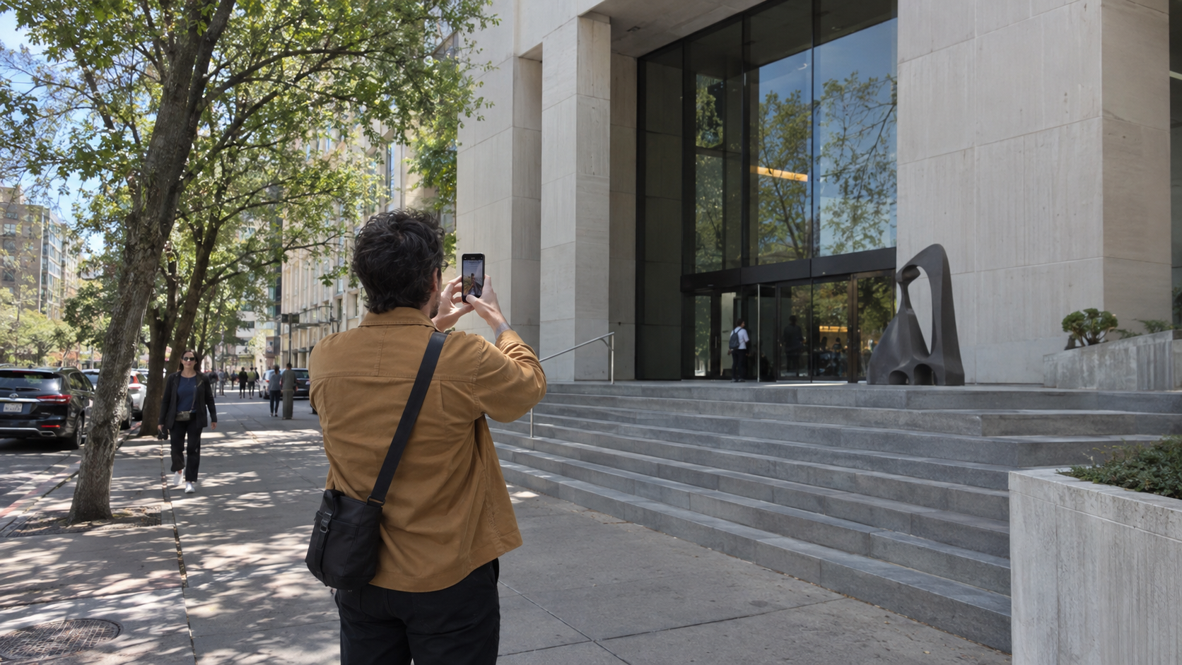 AI-generated photo scene · Frank photographing a building during a visit.