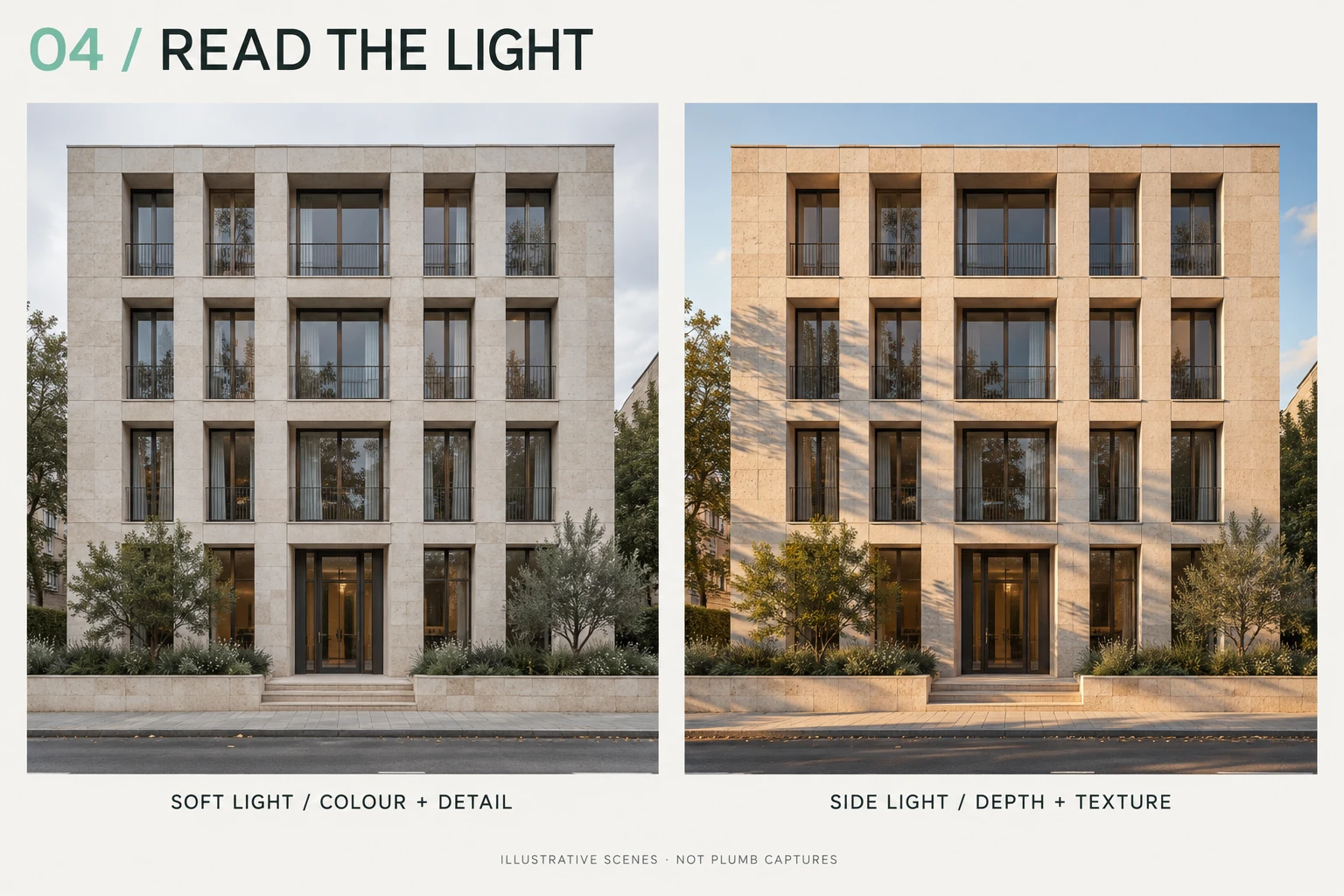 Illustrative stone façades in soft, diffuse light and in directional side light with deeper shadows.