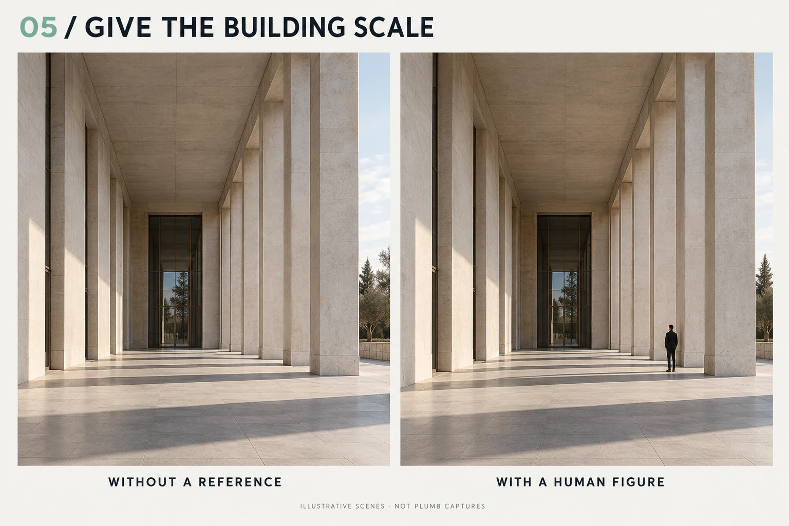 A tall colonnade without people and a similar view with one person to provide a sense of scale.