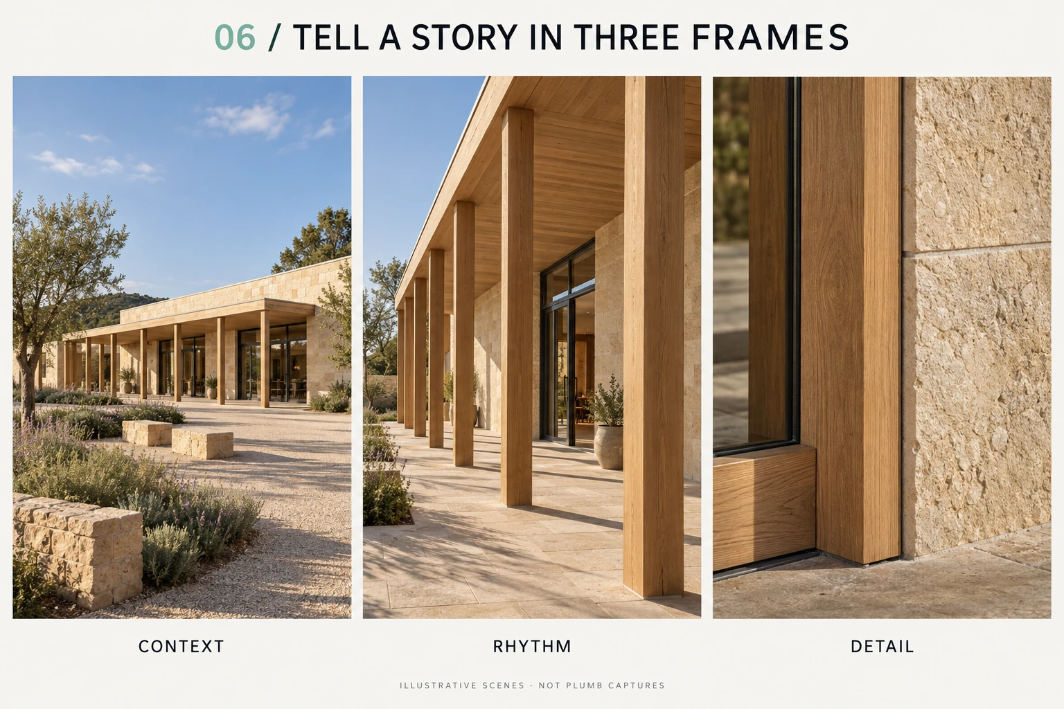 Three illustrative views of a stone building with a timber entrance: context, the rhythm of the colonnade and a material detail.