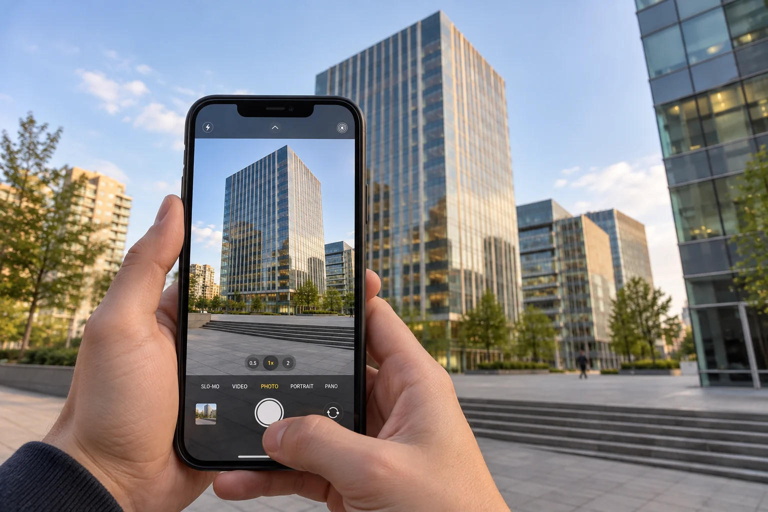 AI-generated editorial photograph · A handheld portrait iPhone preview frames the same tower in the distance.