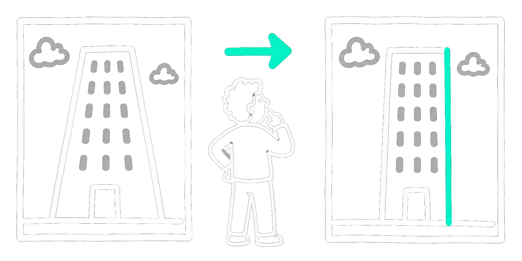 A hand-drawn person comparing an original photo with converging verticals and a corrected upright photo
