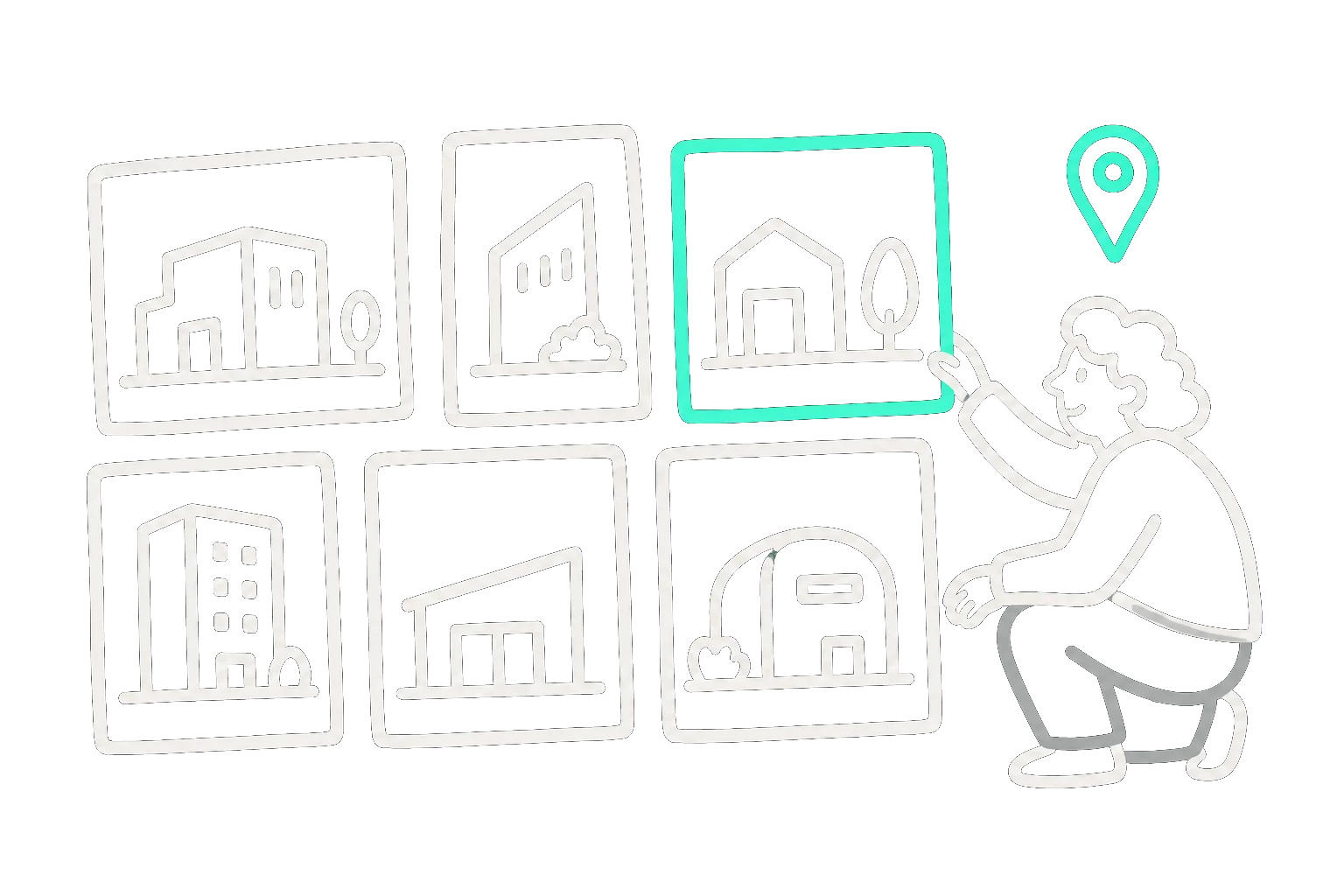 A hand-drawn person arranging a masonry library of architectural photographs